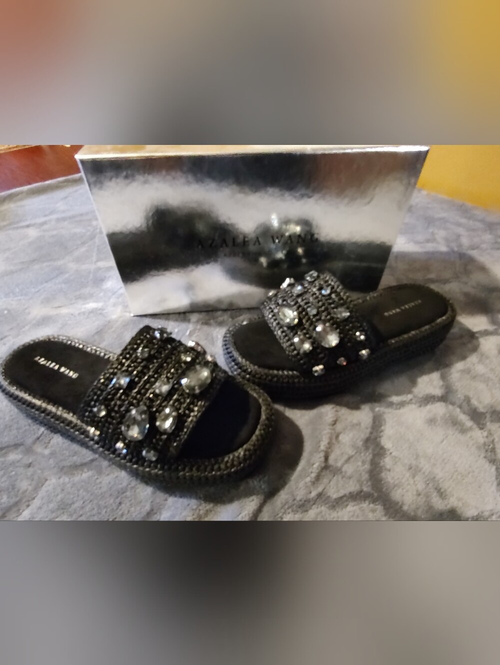 Black Women's Slide Sandals with Embellished Strap - Brand Unknown